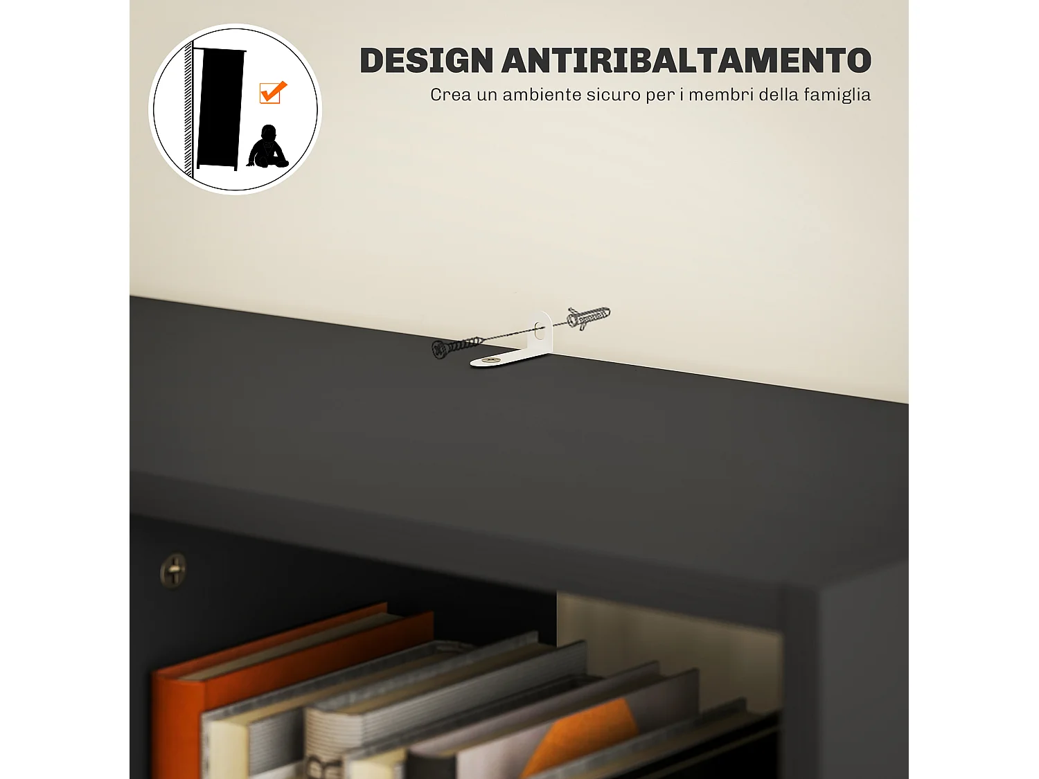 Scaffale libreria con cassetto centrale e ripiani aperti libreria salvaspazio autoportante in legno