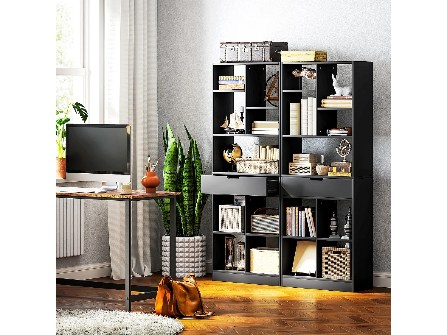 Scaffale libreria con cassetto centrale e ripiani aperti libreria salvaspazio autoportante in legno