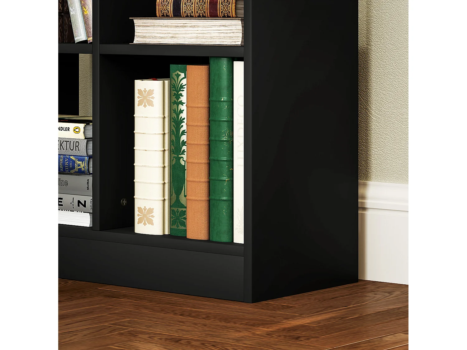 Scaffale libreria con cassetto centrale e ripiani aperti libreria salvaspazio autoportante in legno