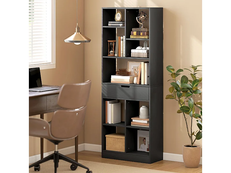 Scaffale libreria con cassetto centrale e ripiani aperti libreria salvaspazio autoportante in legno