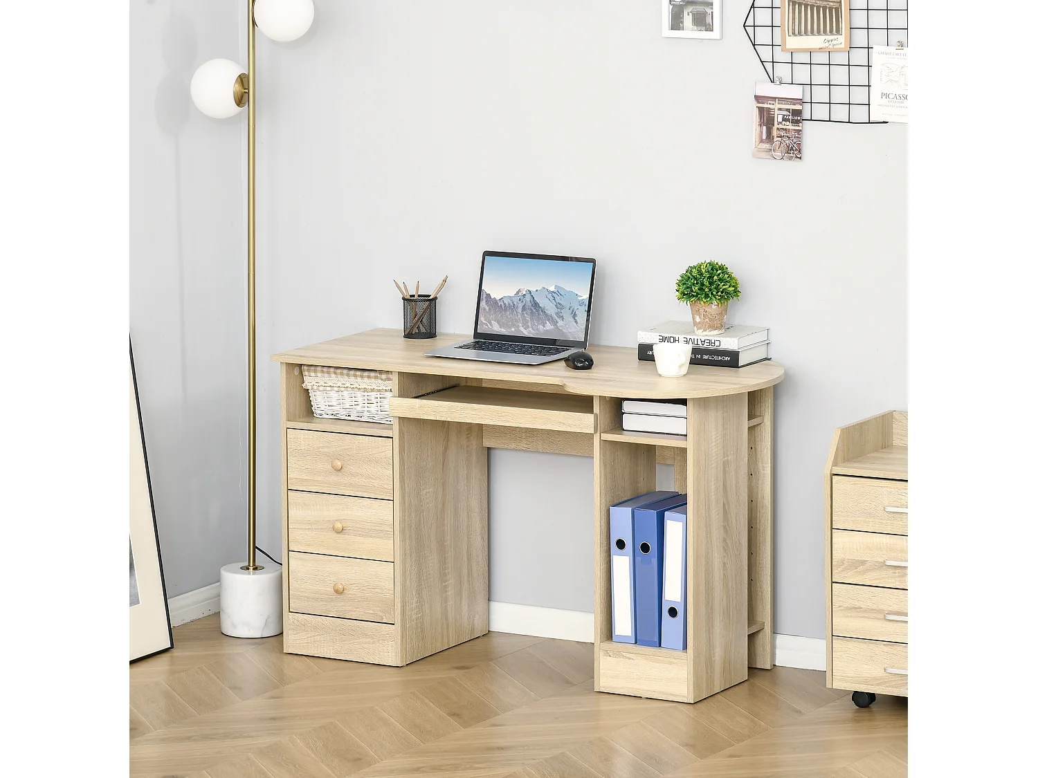 Scrivania pc con scaffali cassetti in legno 125x60x74cm