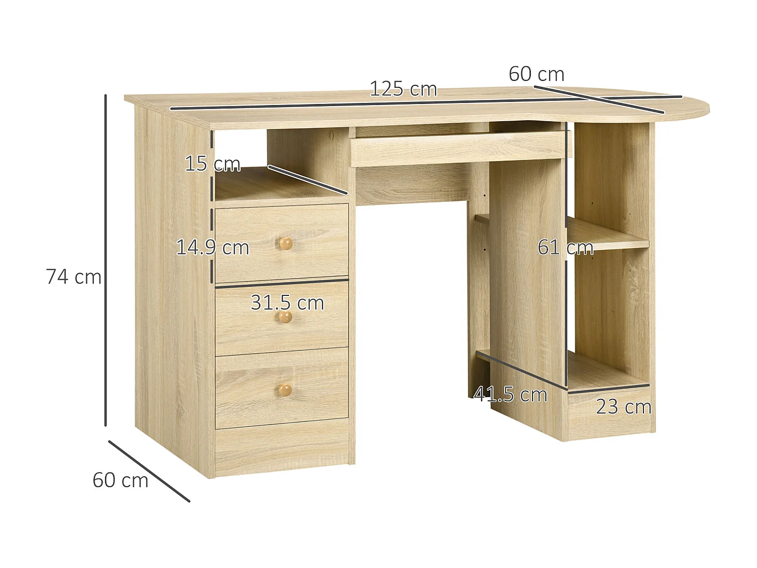 Scrivania pc con scaffali cassetti in legno 125x60x74cm