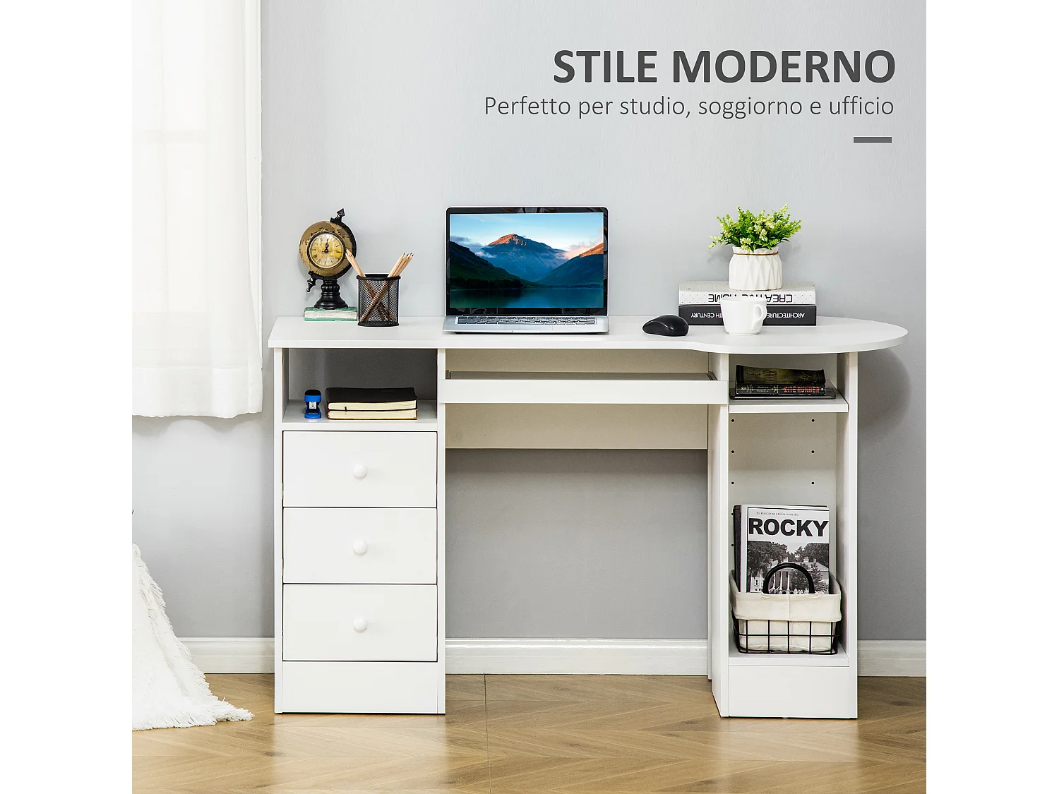 Scrivania pc con scaffali cassetti in legno 125x60x74cm