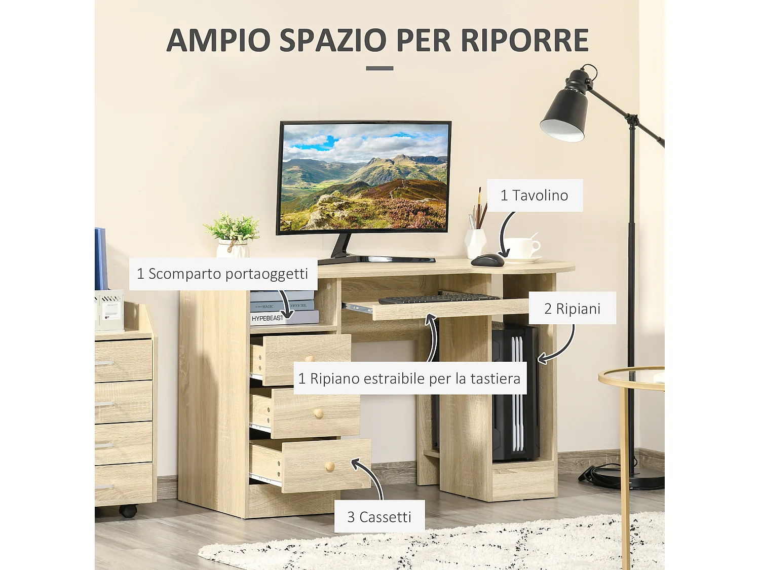 Scrivania pc con scaffali cassetti in legno 125x60x74cm