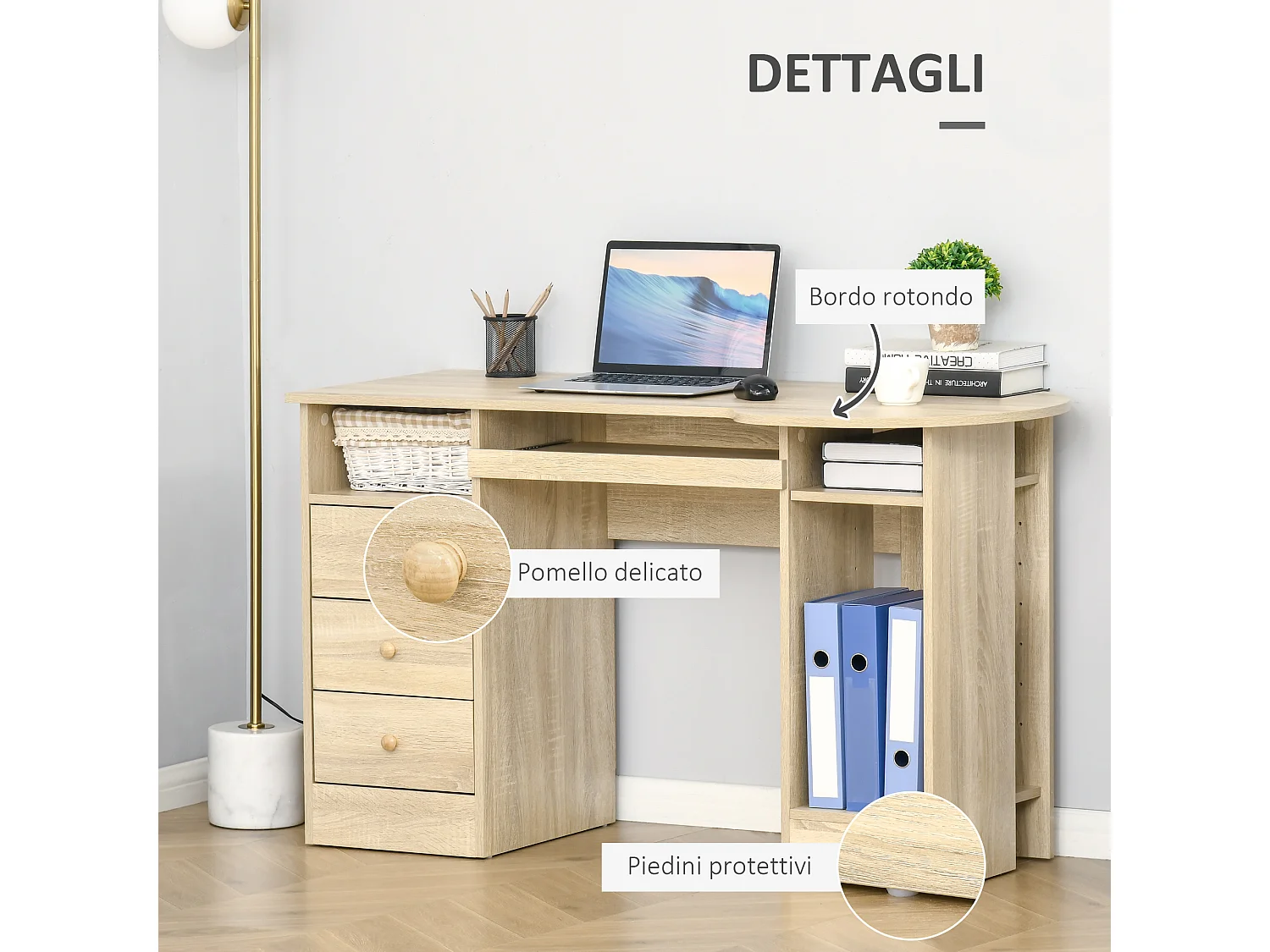 Scrivania pc con scaffali cassetti in legno 125x60x74cm