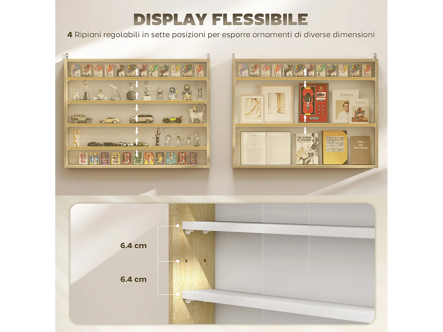 Vetrina espositiva da parete a 4 ripiani regolabili vetrinetta per collezionismo