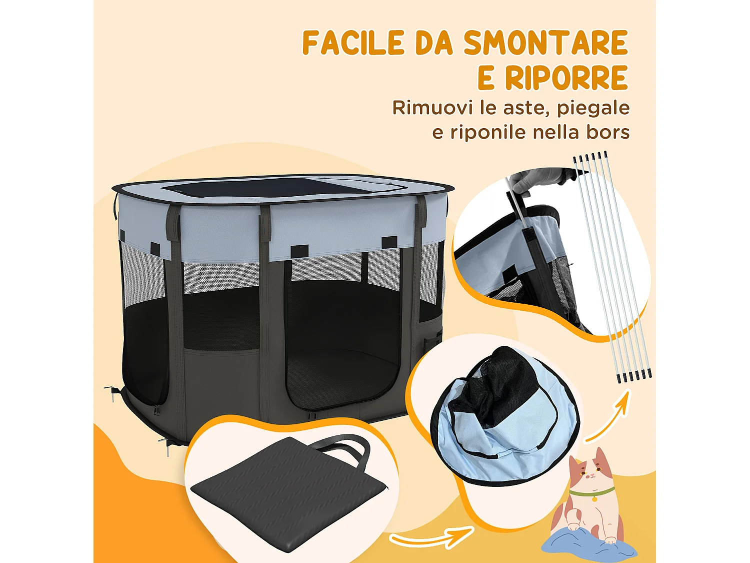 Recinto per cani e gatti con 7 finestre 3 porte 84x64x53 cm