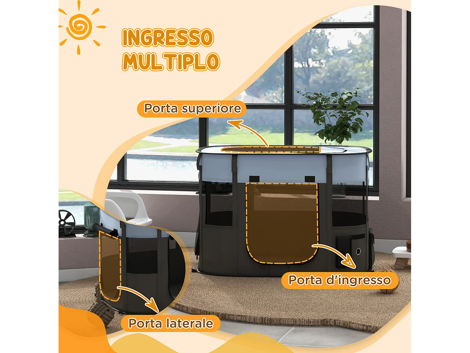 Recinto per cani e gatti con 7 finestre 3 porte 84x64x53 cm