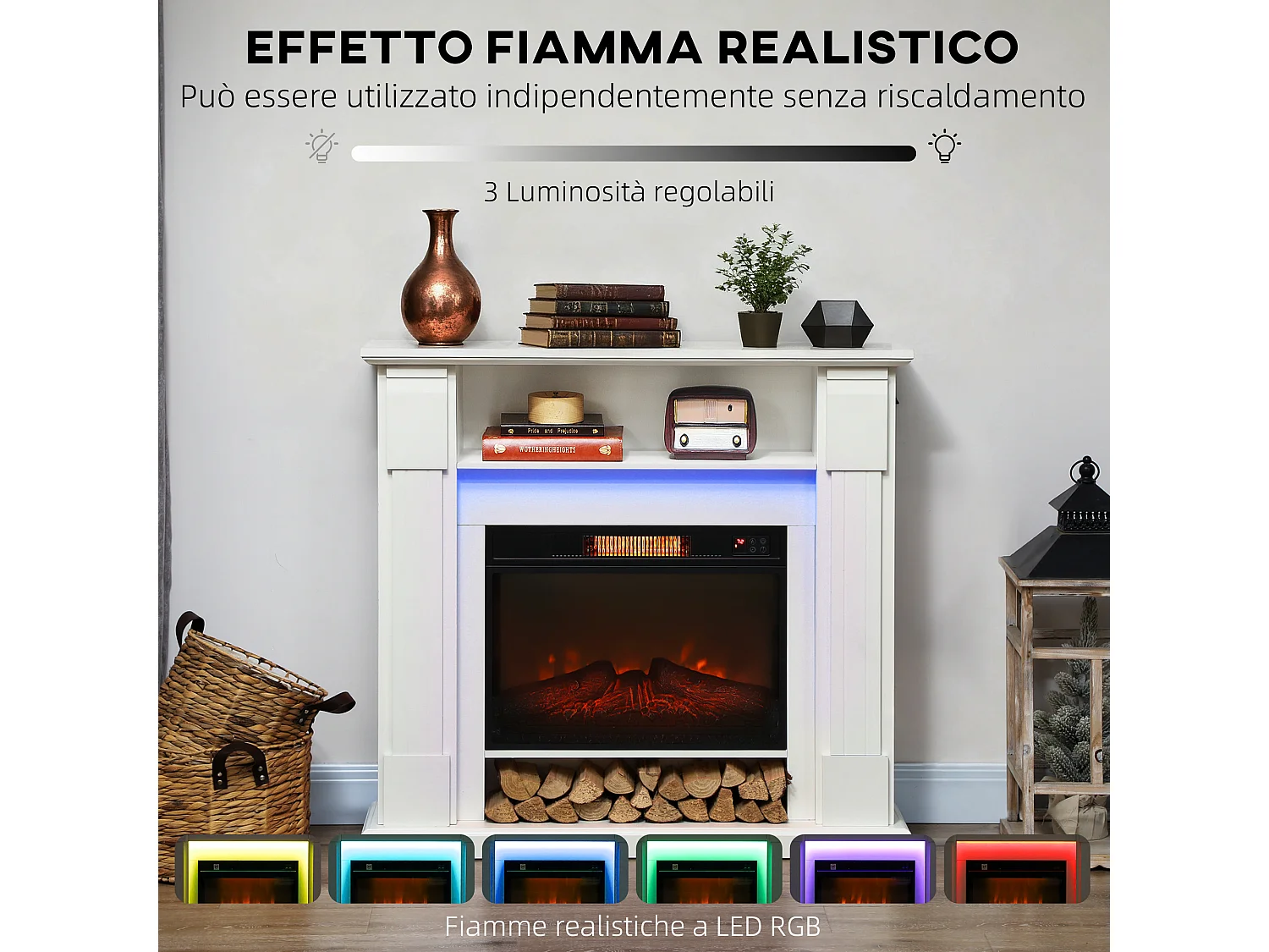 Camino elettrico con cornice effetto fiamma 3d realistico 3 modalità