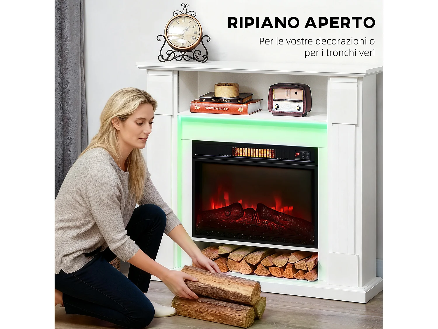 Camino elettrico con cornice effetto fiamma 3d realistico 3 modalità