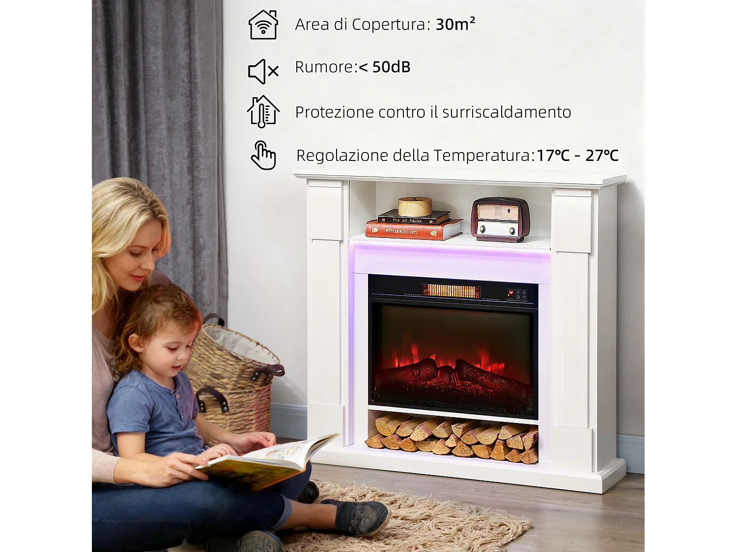 Camino elettrico con cornice effetto fiamma 3d realistico 3 modalità