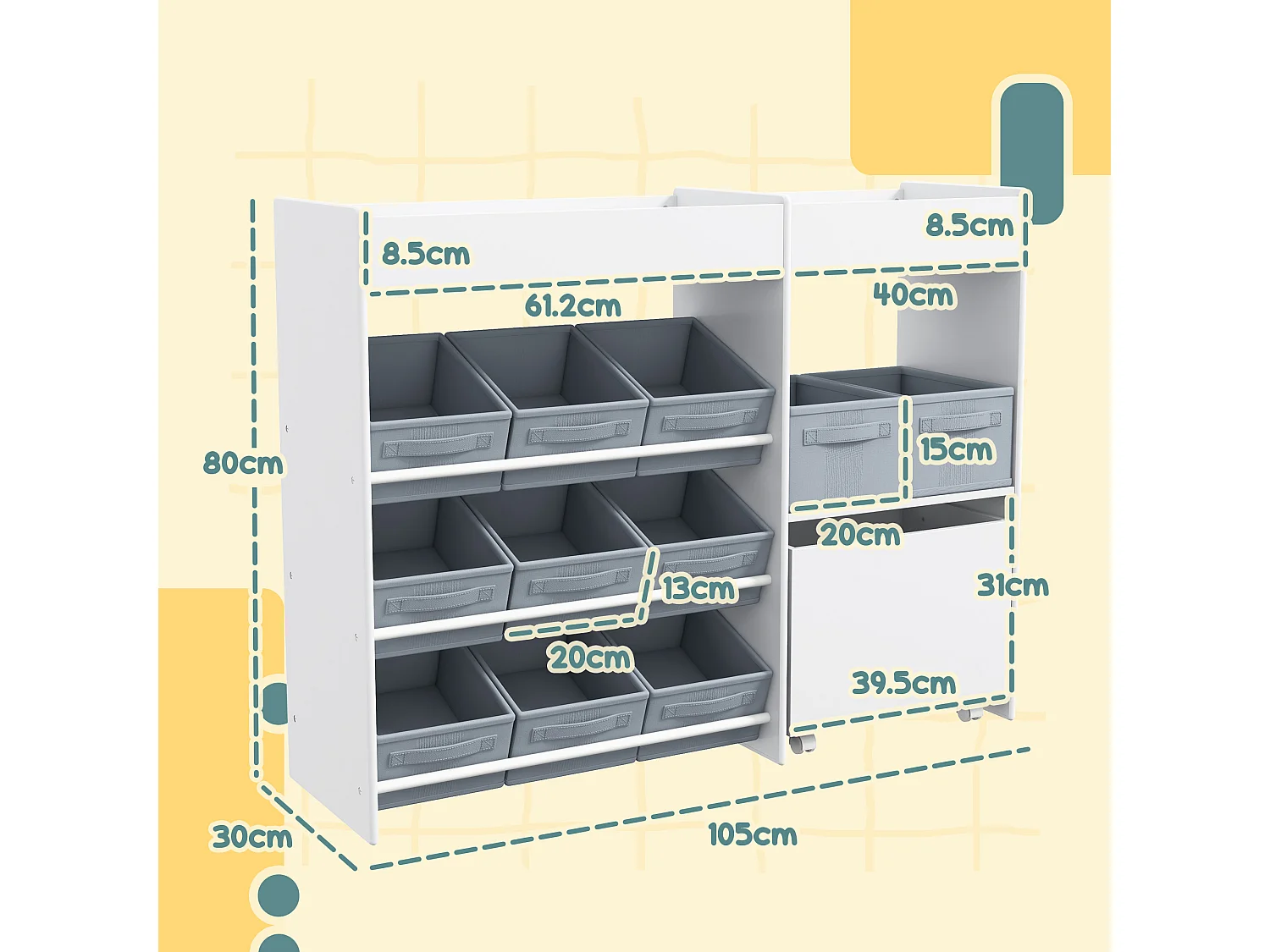 Mobile porta giochi per bambini, scaffale portagiochi con 11 cestini in tessuto, armadietto e ripiani