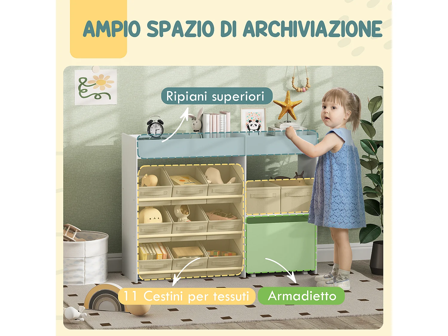 Mobile porta giochi per bambini, scaffale portagiochi con 11 cestini in tessuto, armadietto e ripiani