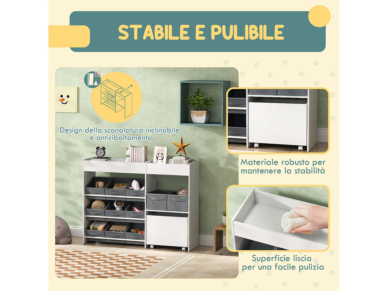 Mobile porta giochi per bambini, scaffale portagiochi con 11 cestini in tessuto, armadietto e ripiani