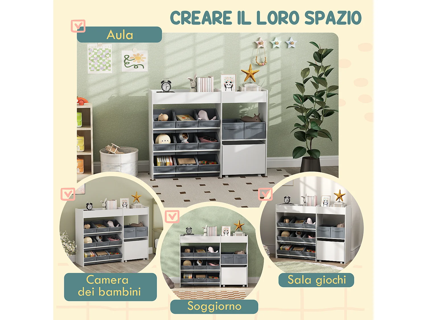 Mobile porta giochi per bambini, scaffale portagiochi con 11 cestini in tessuto, armadietto e ripiani