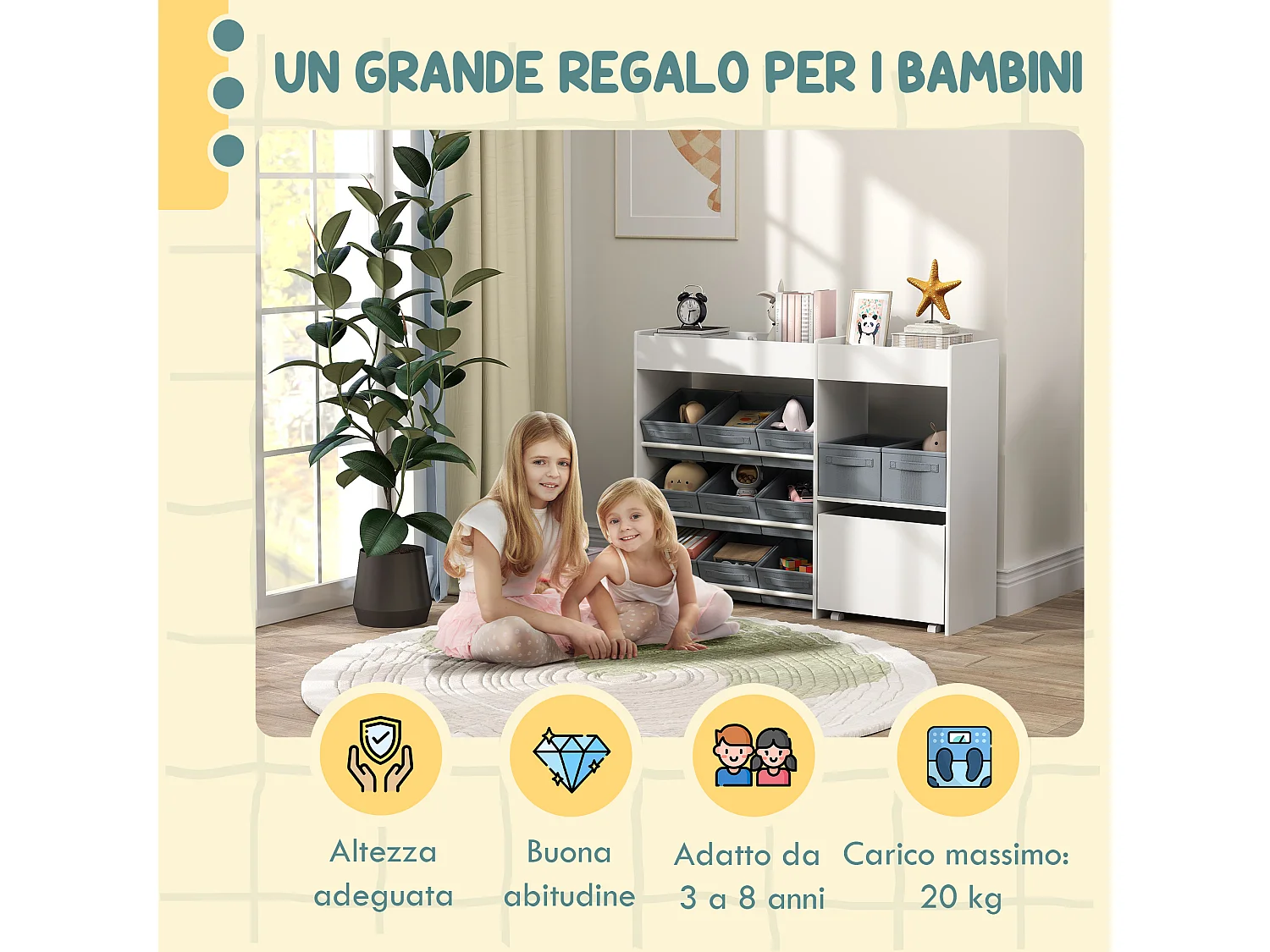 Mobile porta giochi per bambini, scaffale portagiochi con 11 cestini in tessuto, armadietto e ripiani