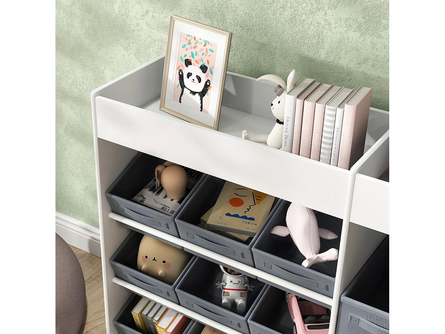 Mobile porta giochi per bambini, scaffale portagiochi con 11 cestini in tessuto, armadietto e ripiani