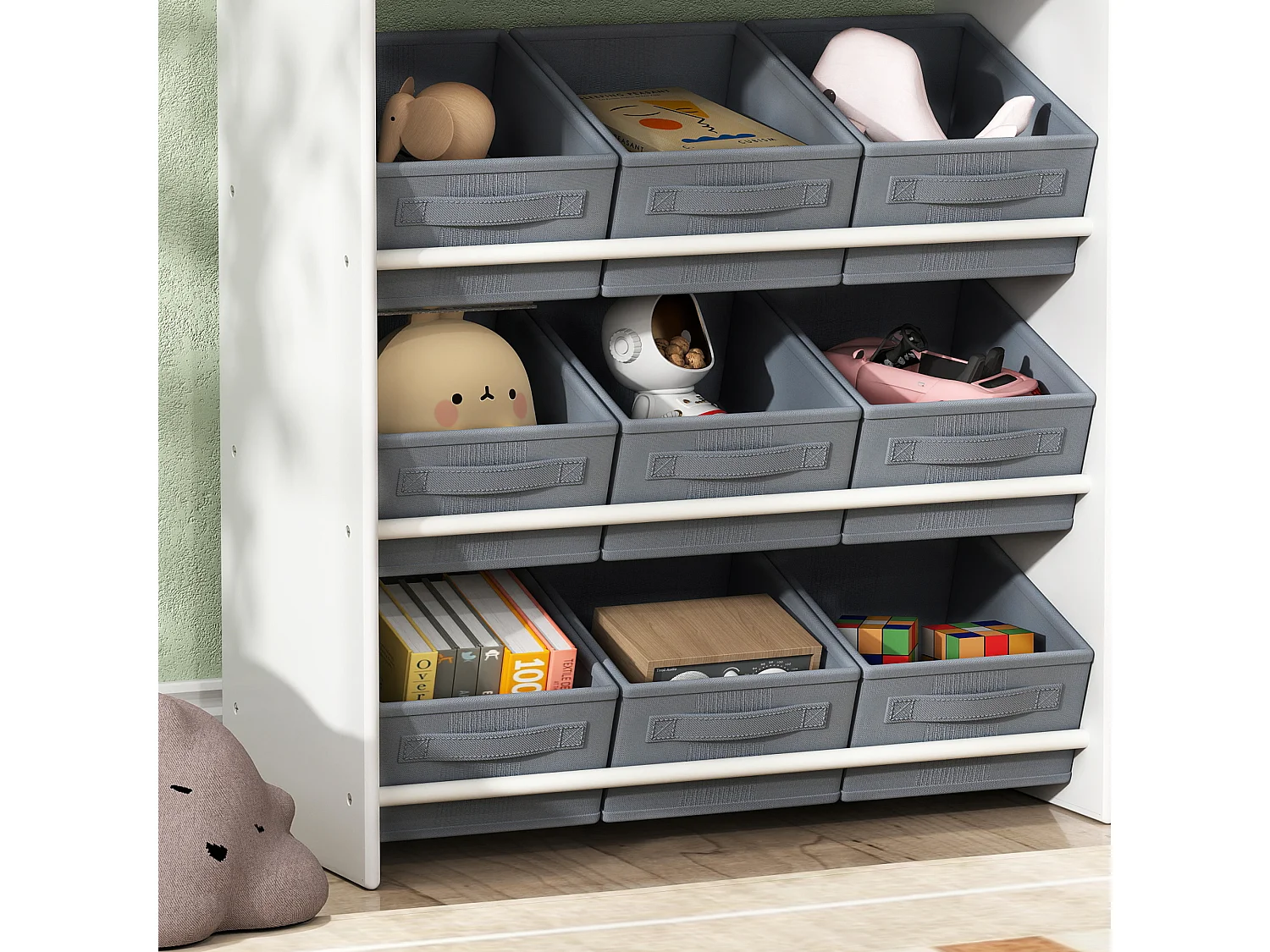 Mobile porta giochi per bambini, scaffale portagiochi con 11 cestini in tessuto, armadietto e ripiani