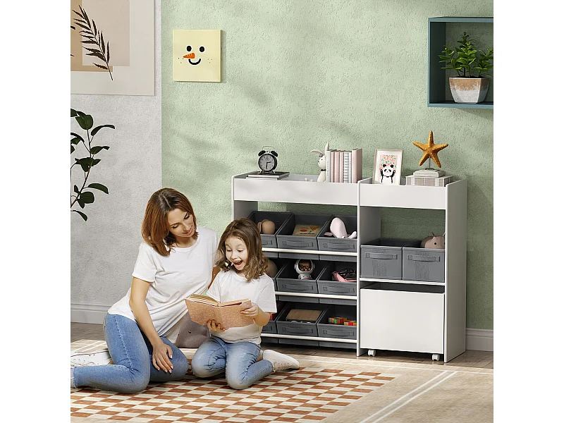 Mobile porta giochi per bambini, scaffale portagiochi con 11 cestini in tessuto, armadietto e ripiani