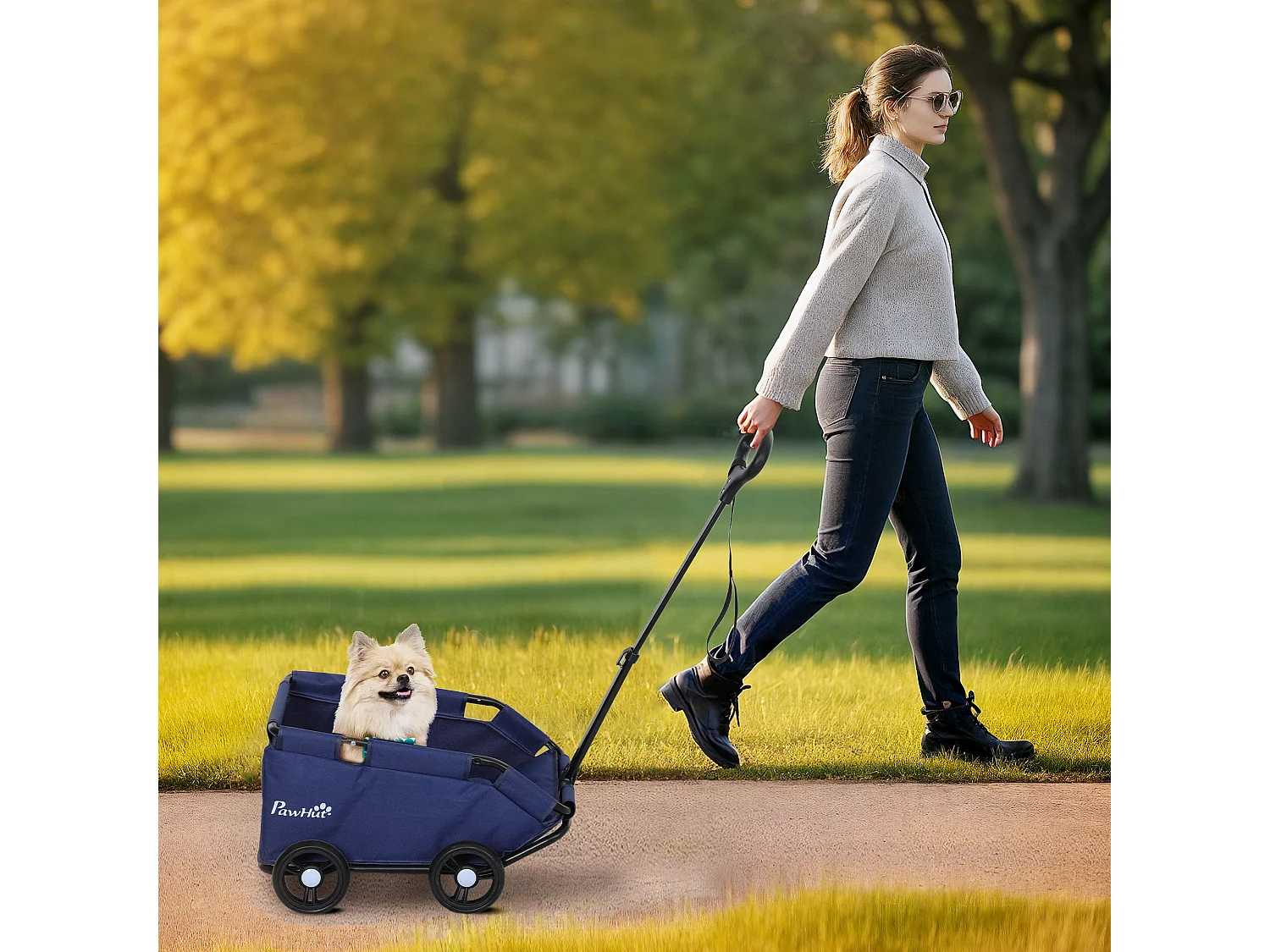 Passeggino per cani pieghevole con borsa e cuscino blu scuro