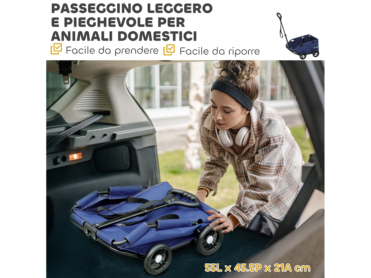 Passeggino per cani pieghevole con borsa e cuscino blu scuro