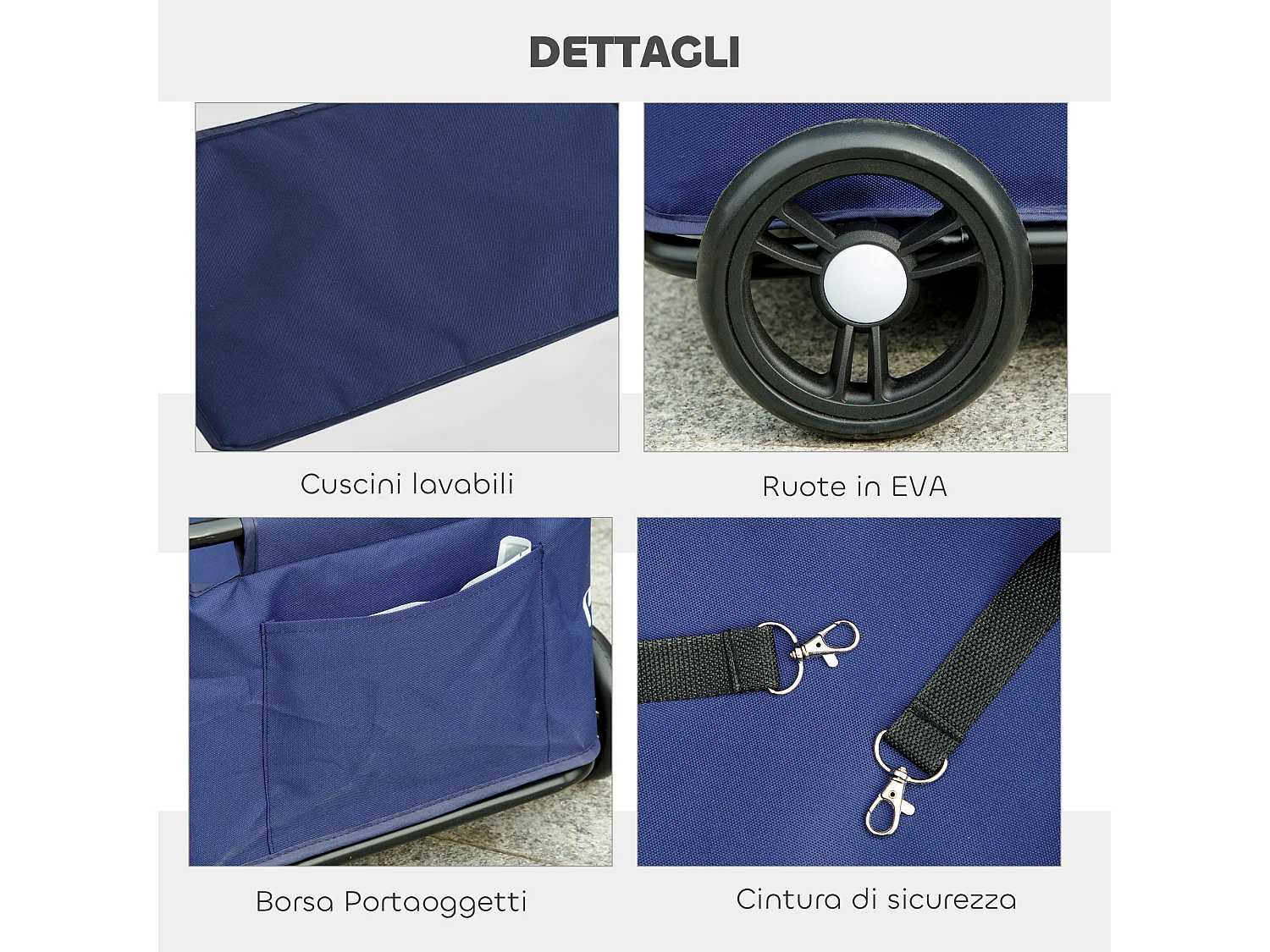 Passeggino per cani pieghevole con borsa e cuscino blu scuro