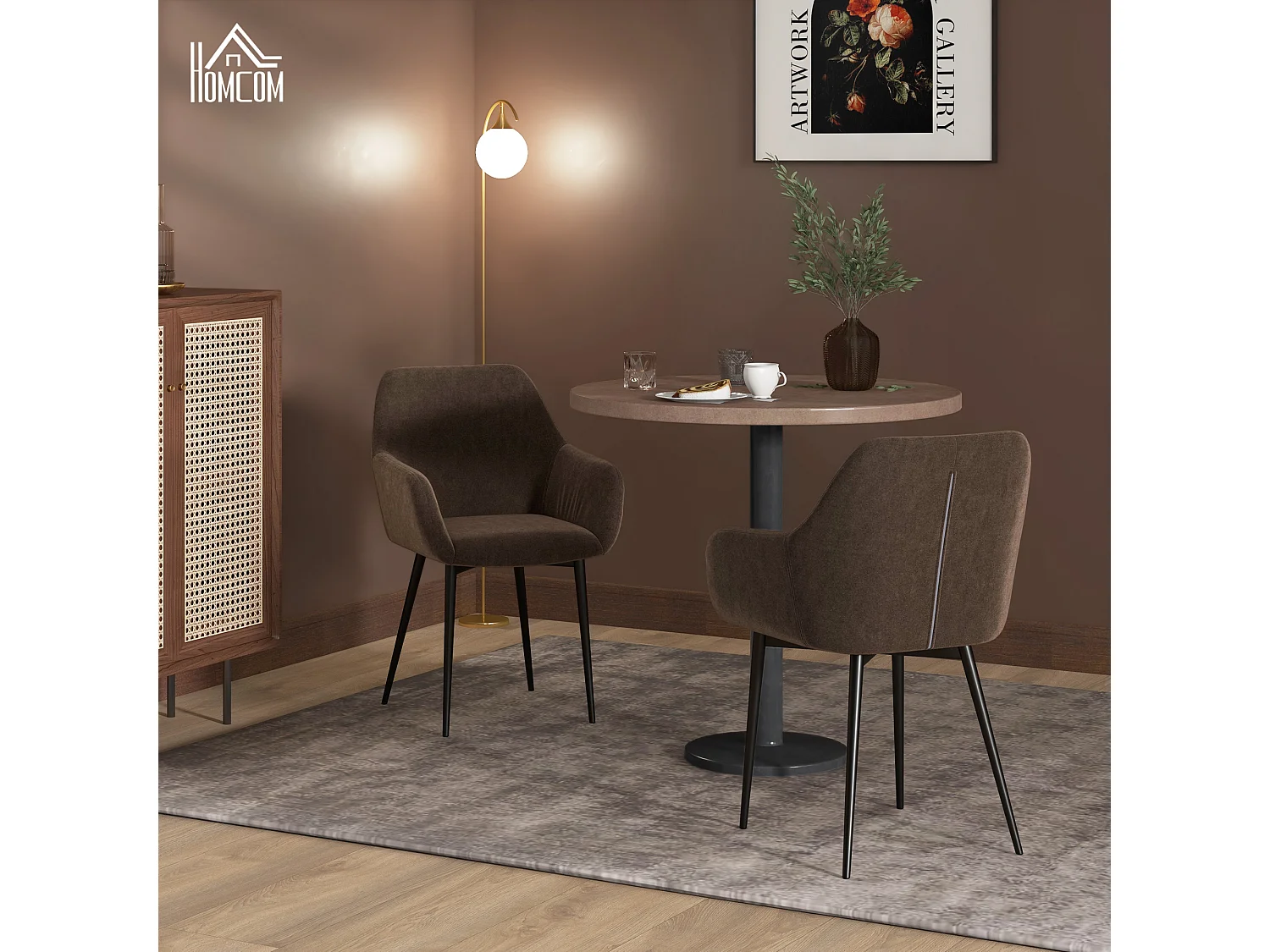 Set 2 sedie da pranzo stile nordico vellutato con braccioli marrone