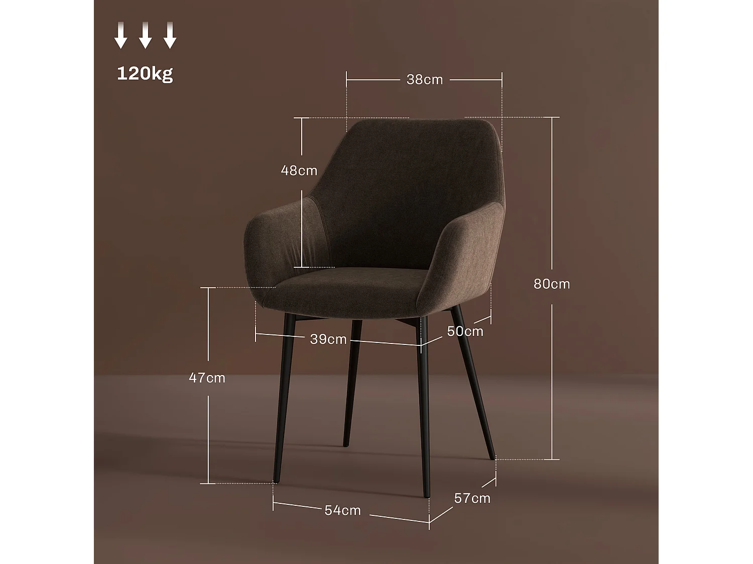 Set 2 sedie da pranzo stile nordico vellutato con braccioli marrone