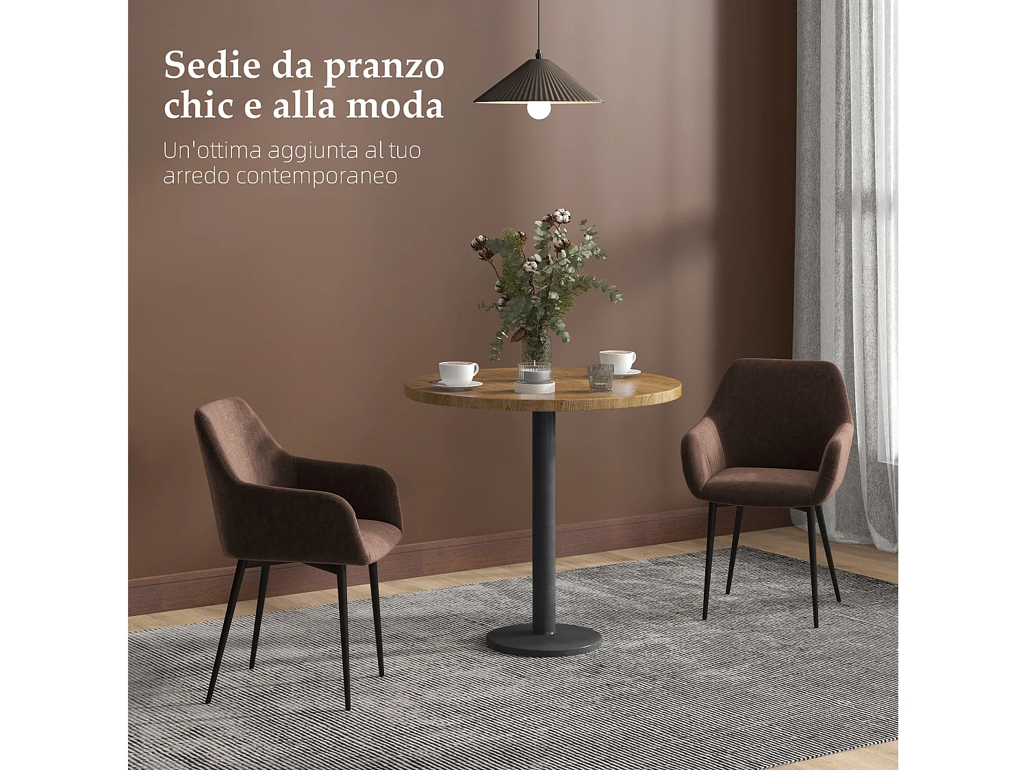 Set 2 sedie da pranzo stile nordico vellutato con braccioli marrone