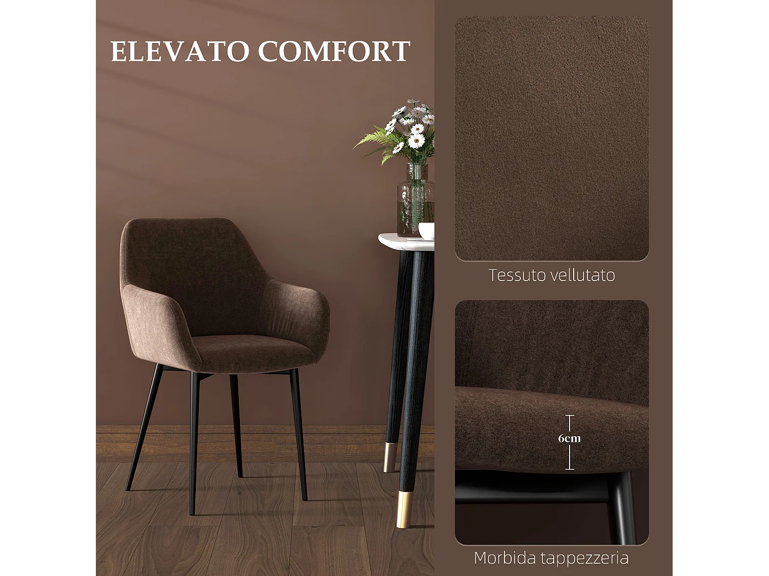 Set 2 sedie da pranzo stile nordico vellutato con braccioli marrone