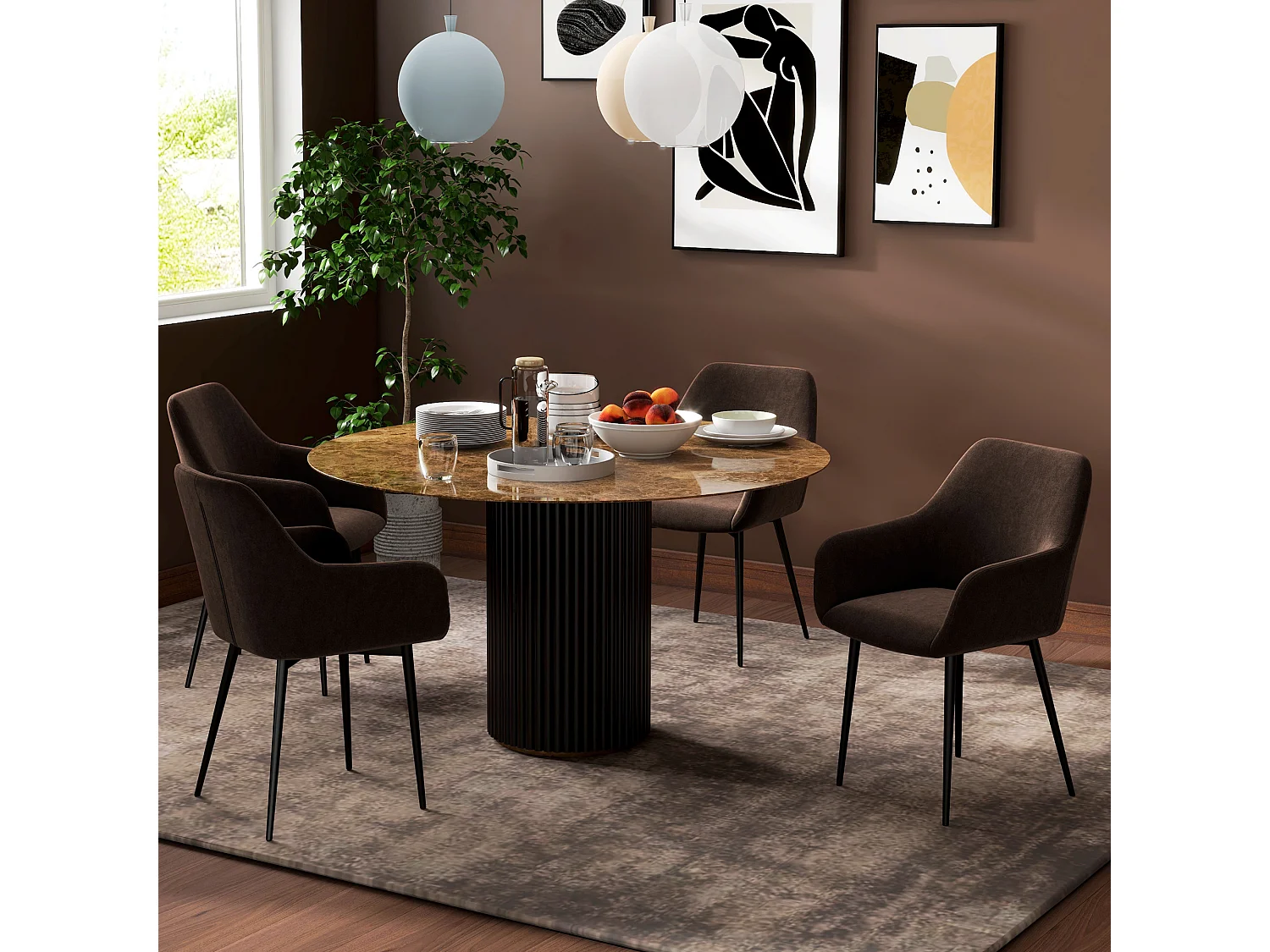 Set 2 sedie da pranzo stile nordico vellutato con braccioli marrone