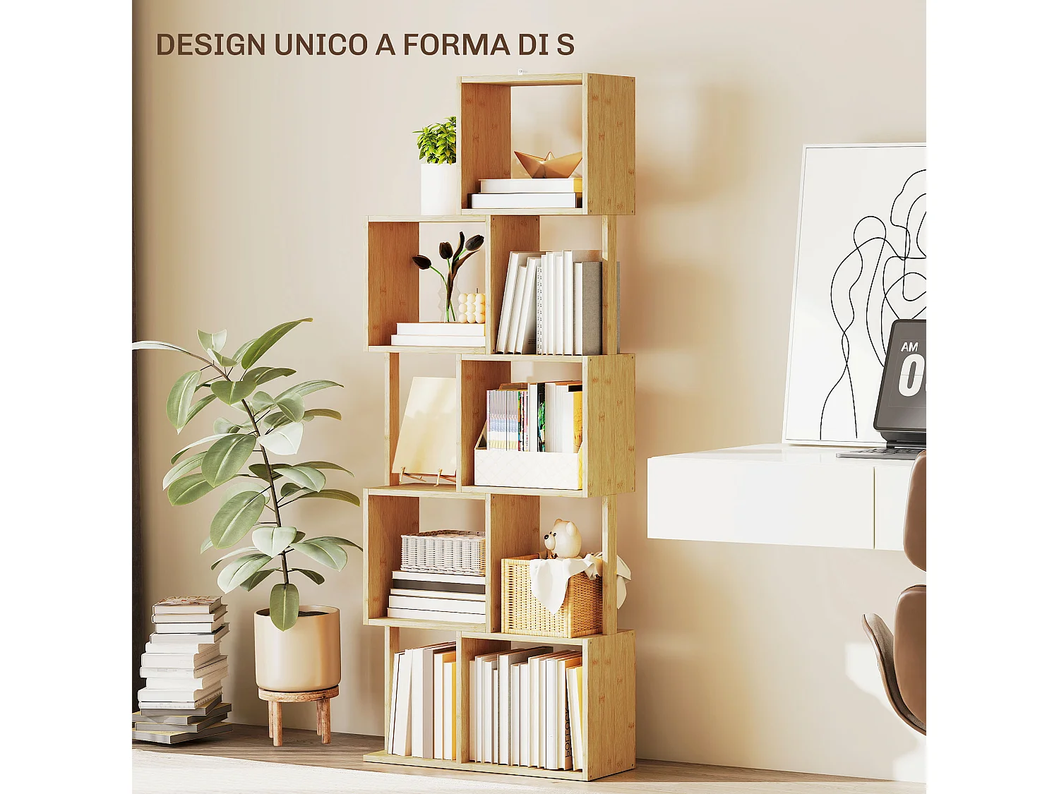 Libreria scaffale a 5 ripiani suddivisi in bambù a forma di s libreria verticale salvaspazio slim