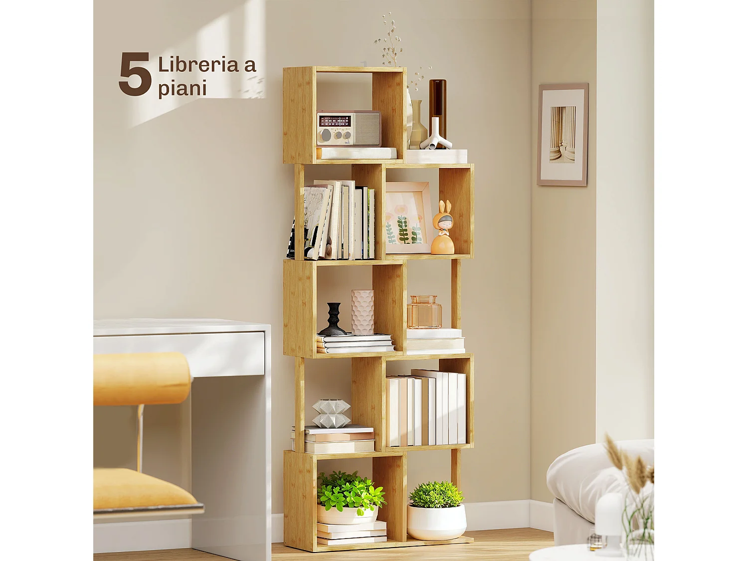 Libreria scaffale a 5 ripiani suddivisi in bambù a forma di s libreria verticale salvaspazio slim