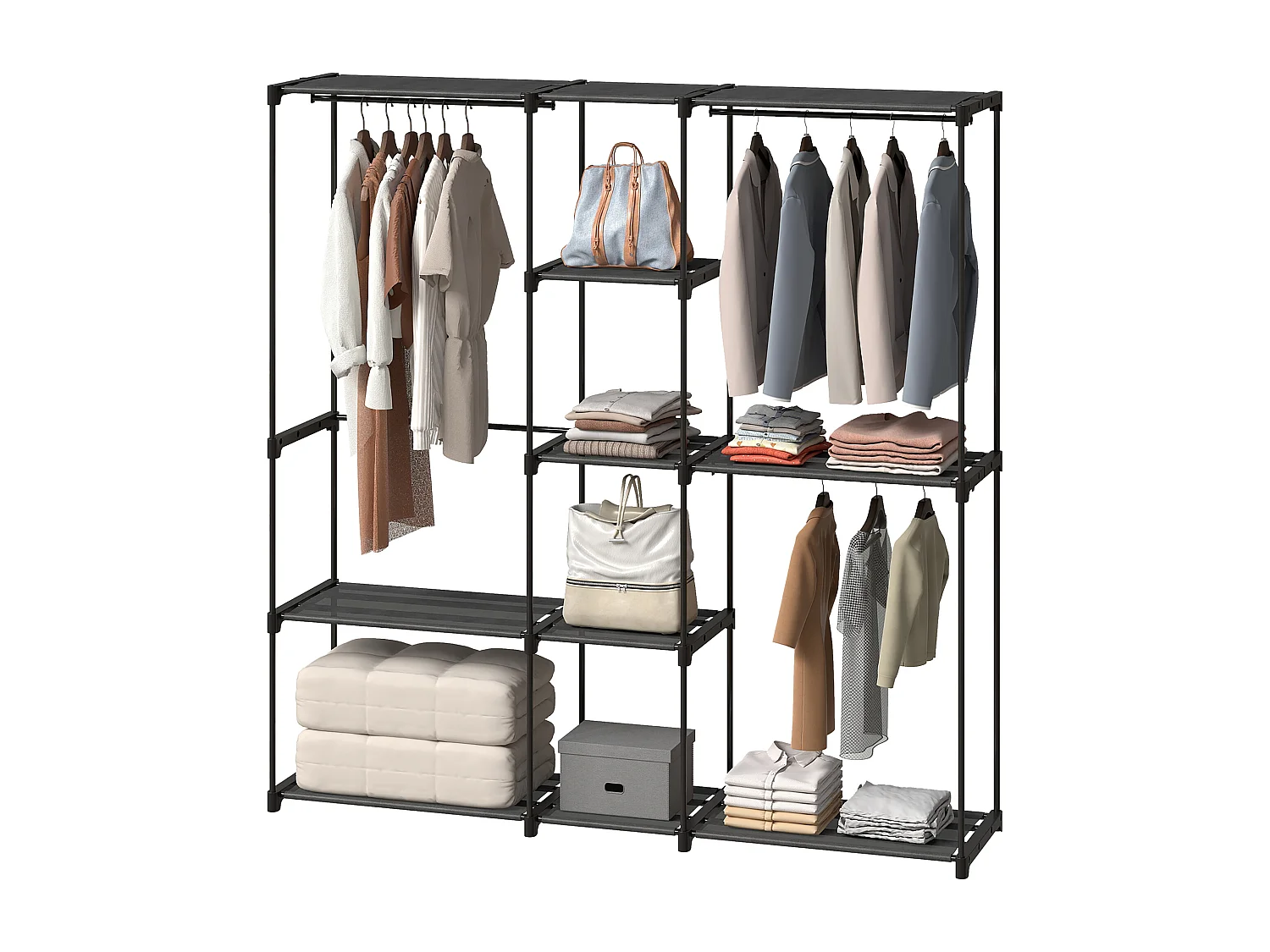 Armadio guardaroba con 8 ripiani e 3 aste in tessuto nero