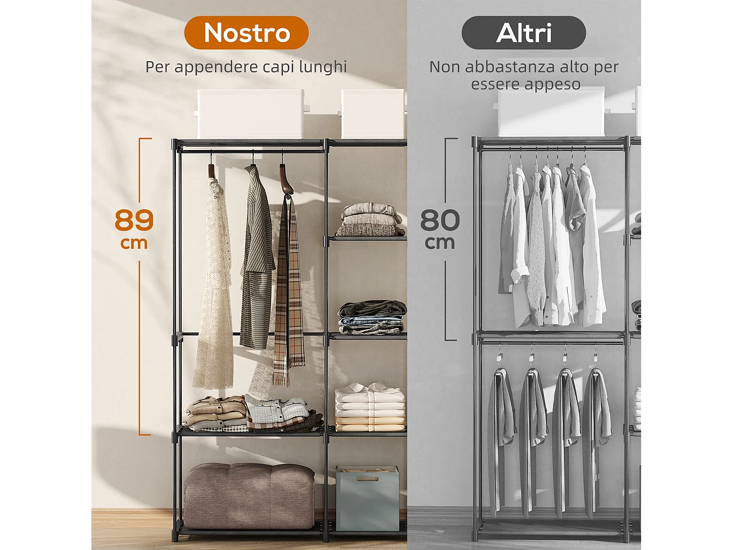 Armadio guardaroba con 8 ripiani e 3 aste in tessuto nero