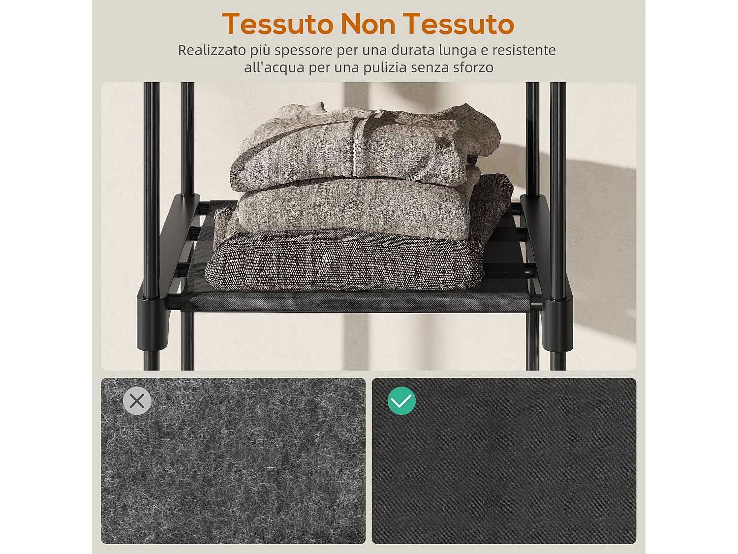 Armadio guardaroba con 8 ripiani e 3 aste in tessuto nero