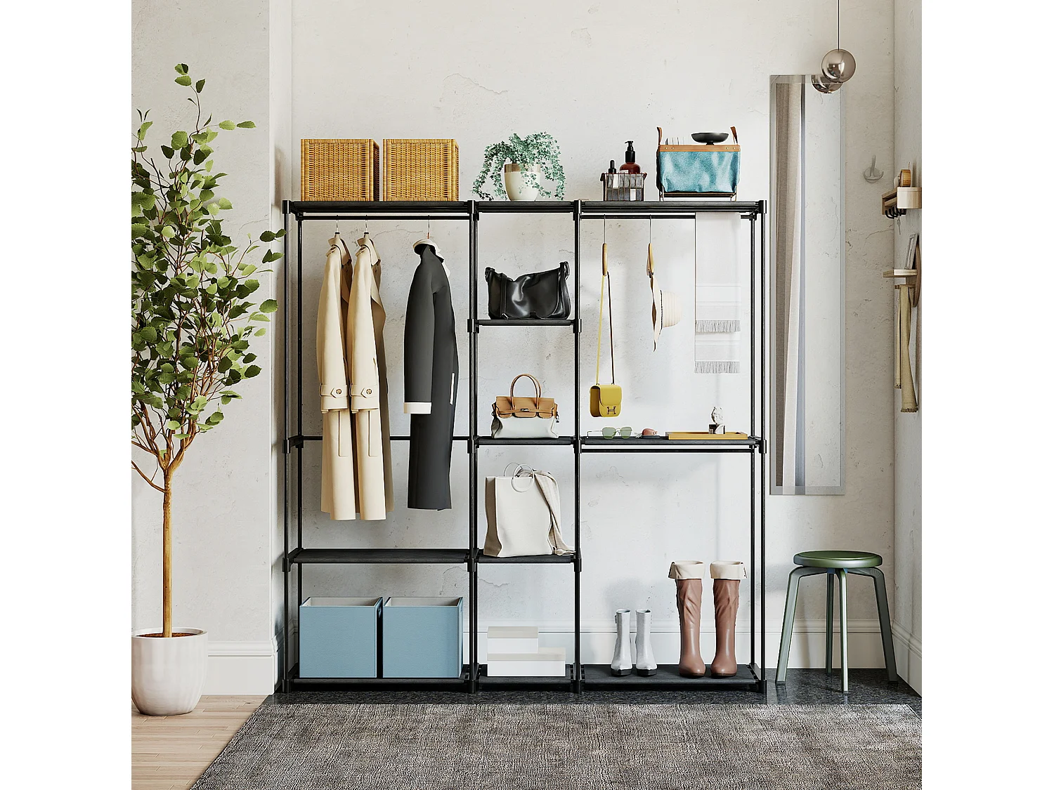 Armadio guardaroba con 8 ripiani e 3 aste in tessuto nero