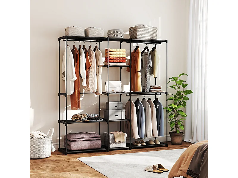 Armadio guardaroba con 8 ripiani e 3 aste in tessuto nero