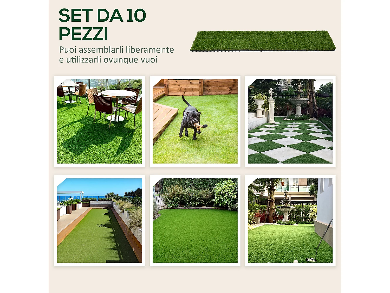 Set 10 piastrelle da giardino con erba sintetica