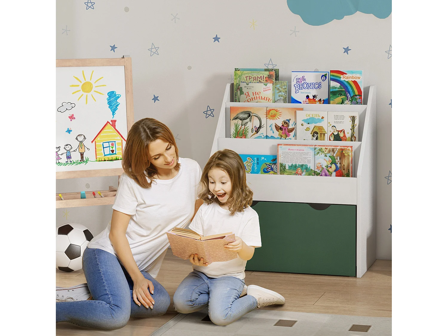 Libreria per bambini 3-8 anni a 3 ripiani con cassetto inferiore, scaffale portagiochi in legno mdf