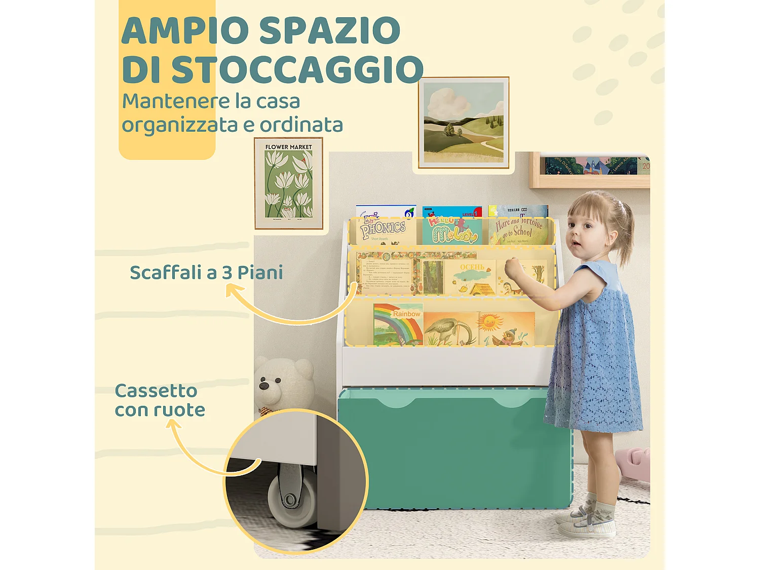 Libreria per bambini 3-8 anni a 3 ripiani con cassetto inferiore, scaffale portagiochi in legno mdf