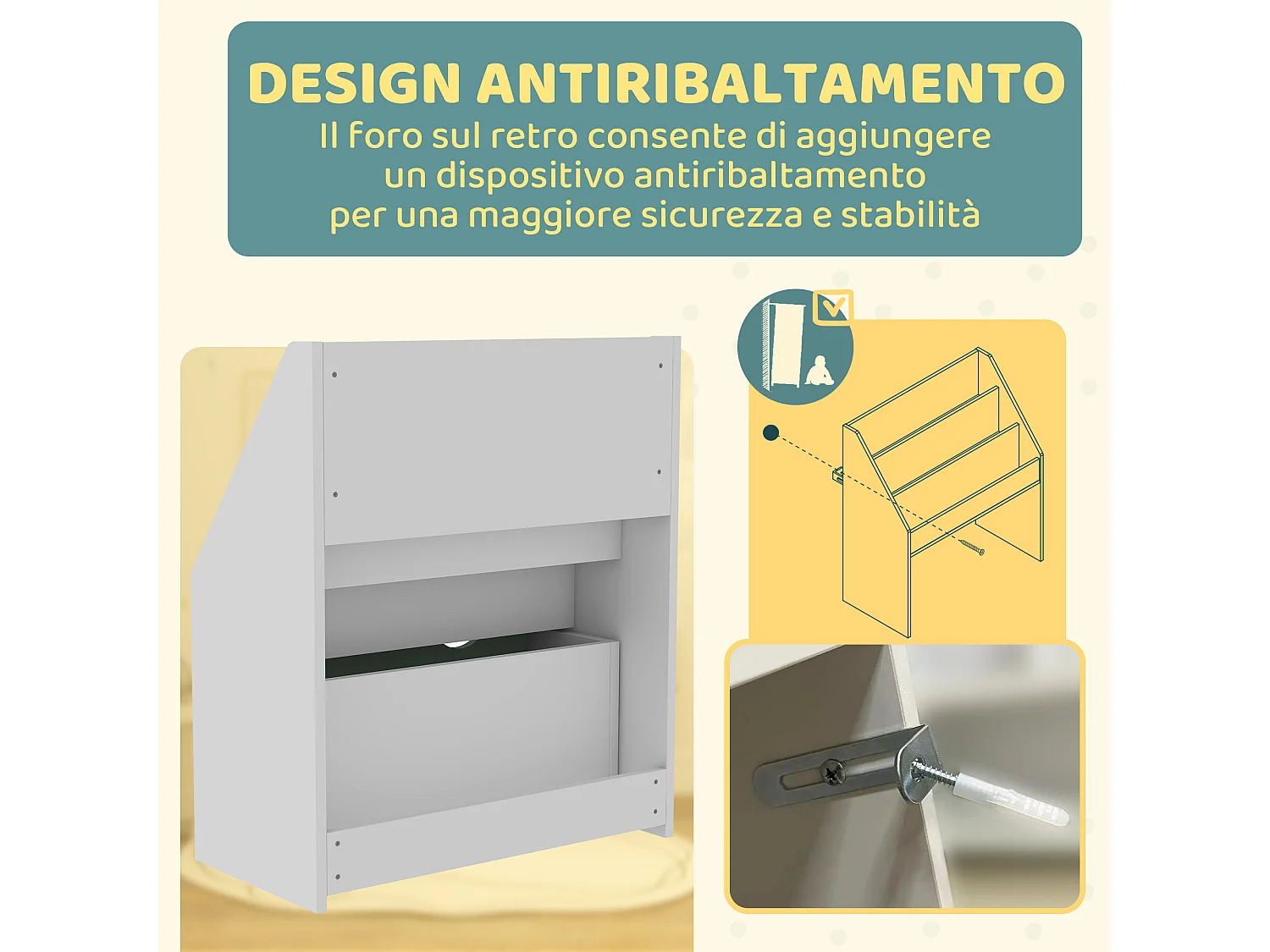 Libreria per bambini 3-8 anni a 3 ripiani con cassetto inferiore, scaffale portagiochi in legno mdf