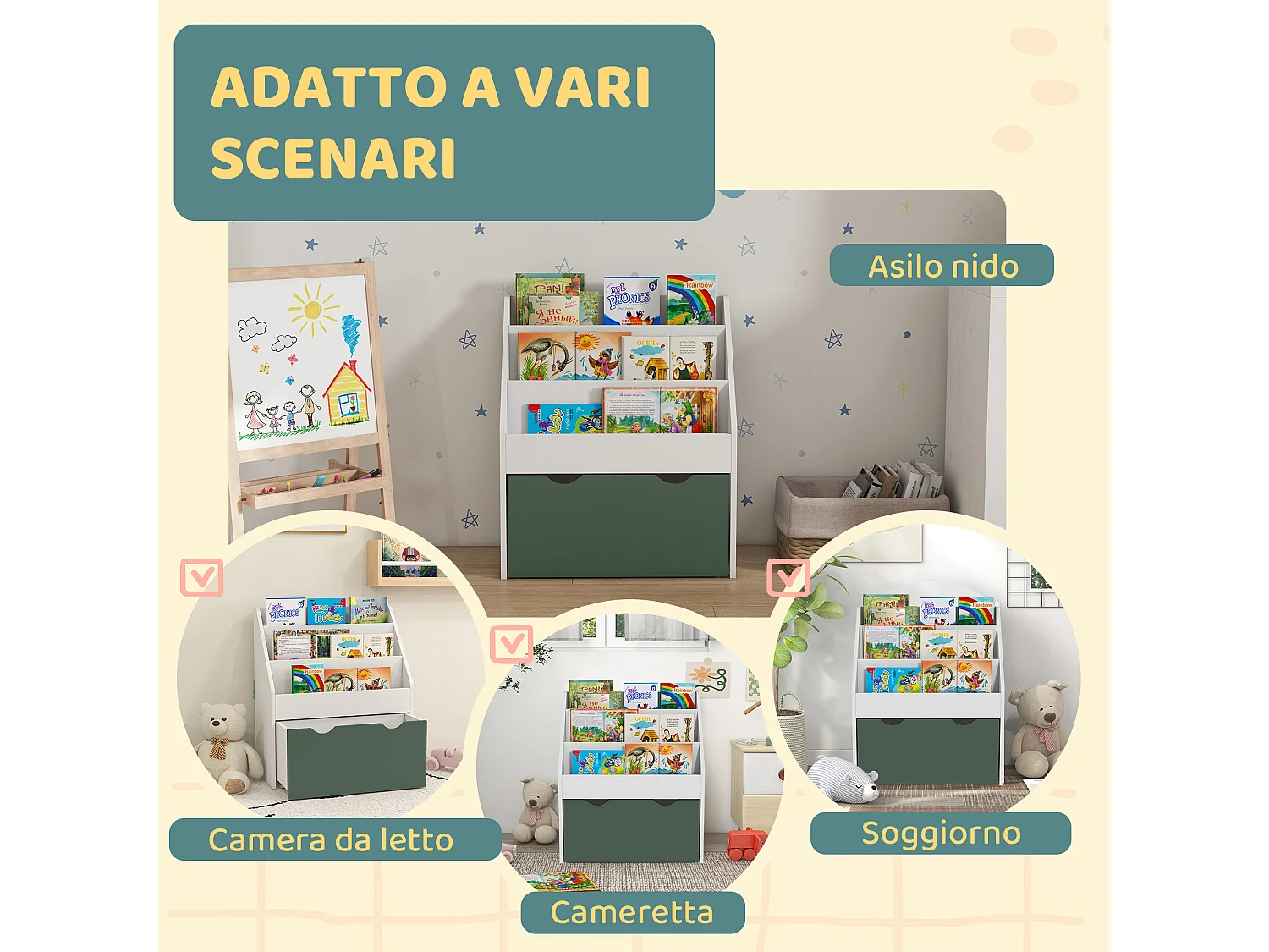 Libreria per bambini 3-8 anni a 3 ripiani con cassetto inferiore, scaffale portagiochi in legno mdf