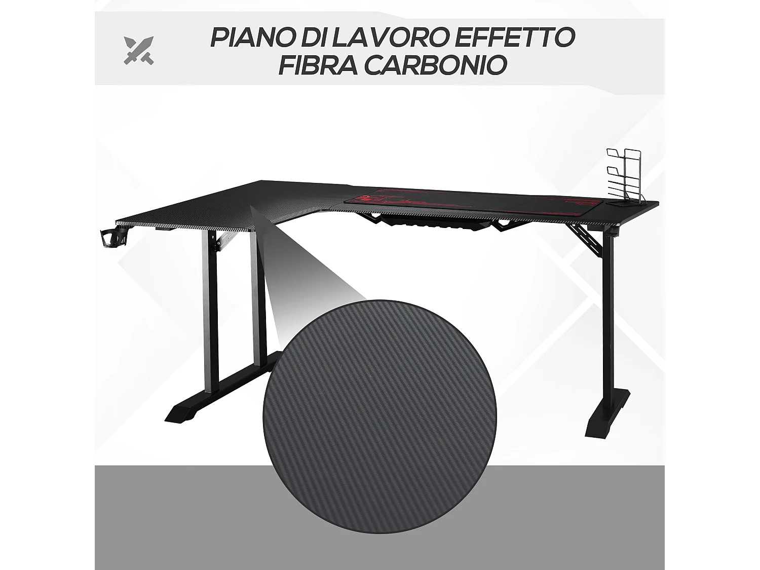 Scrivania angolare da gaming gancio per cuffie e porta tazza