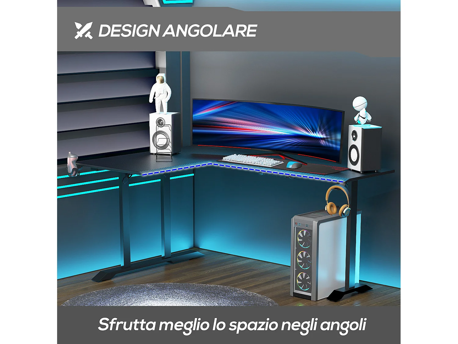 Scrivania angolare da gaming gancio per cuffie e porta tazza