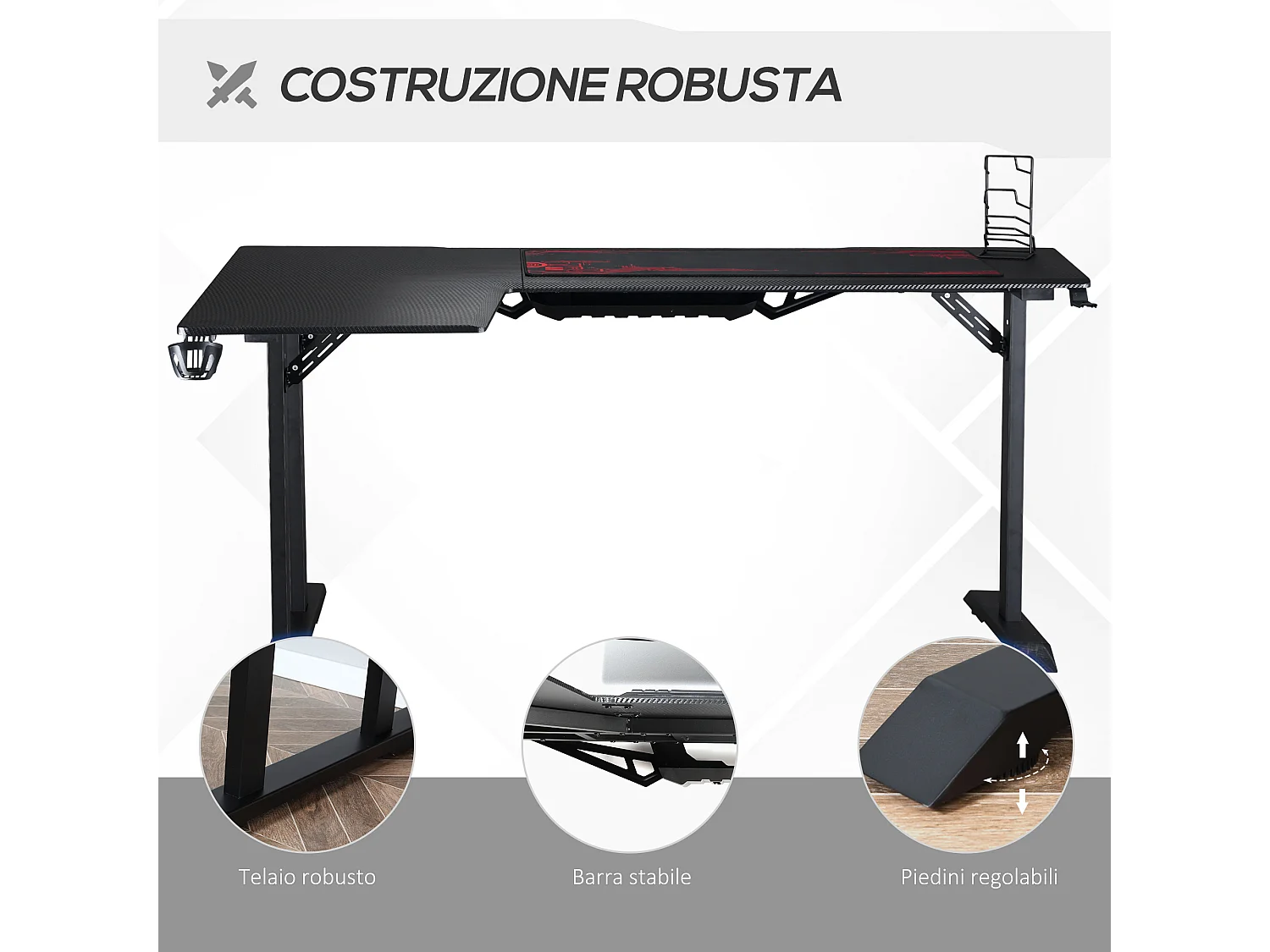 Scrivania angolare da gaming gancio per cuffie e porta tazza