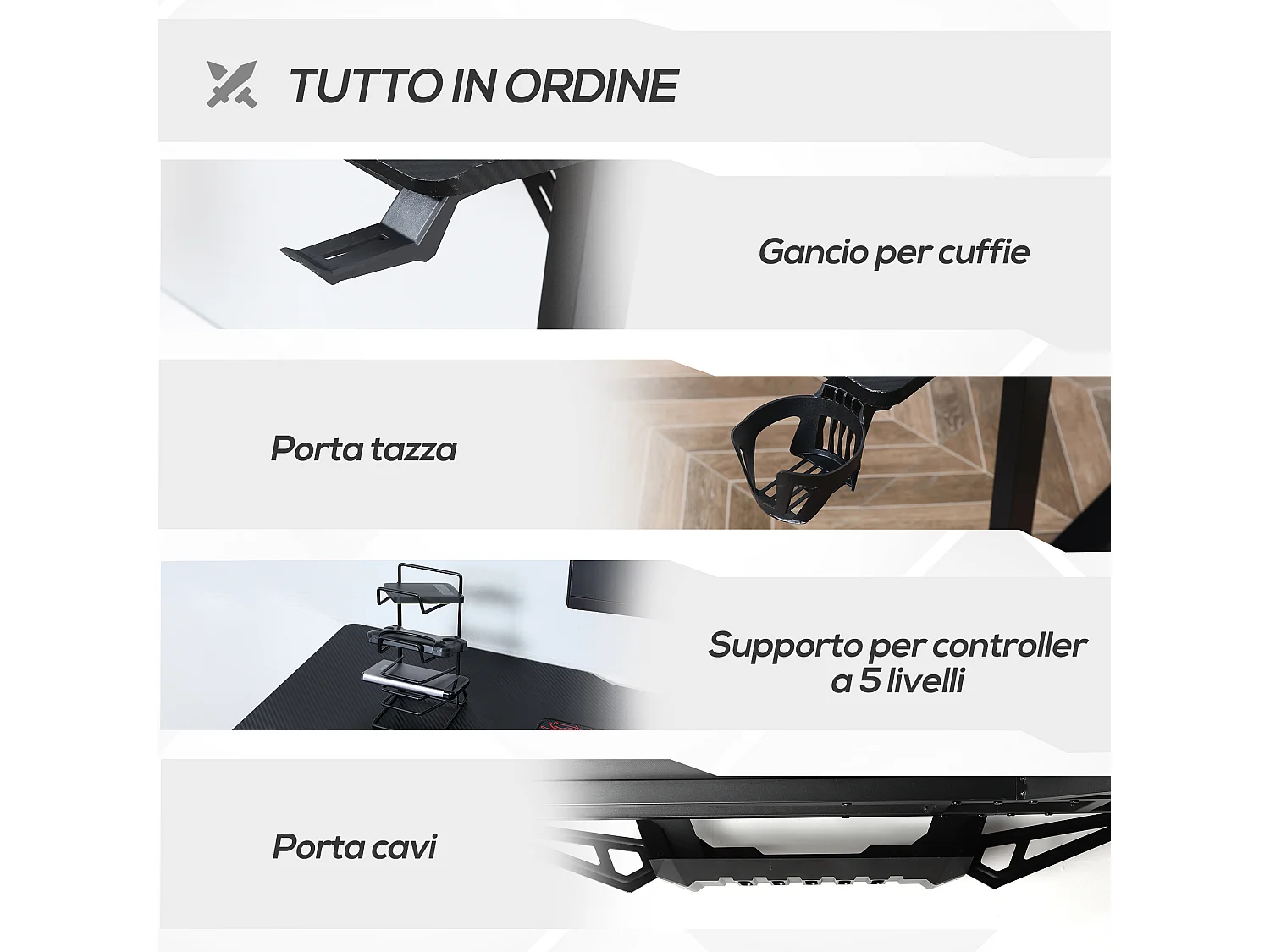 Scrivania angolare da gaming gancio per cuffie e porta tazza