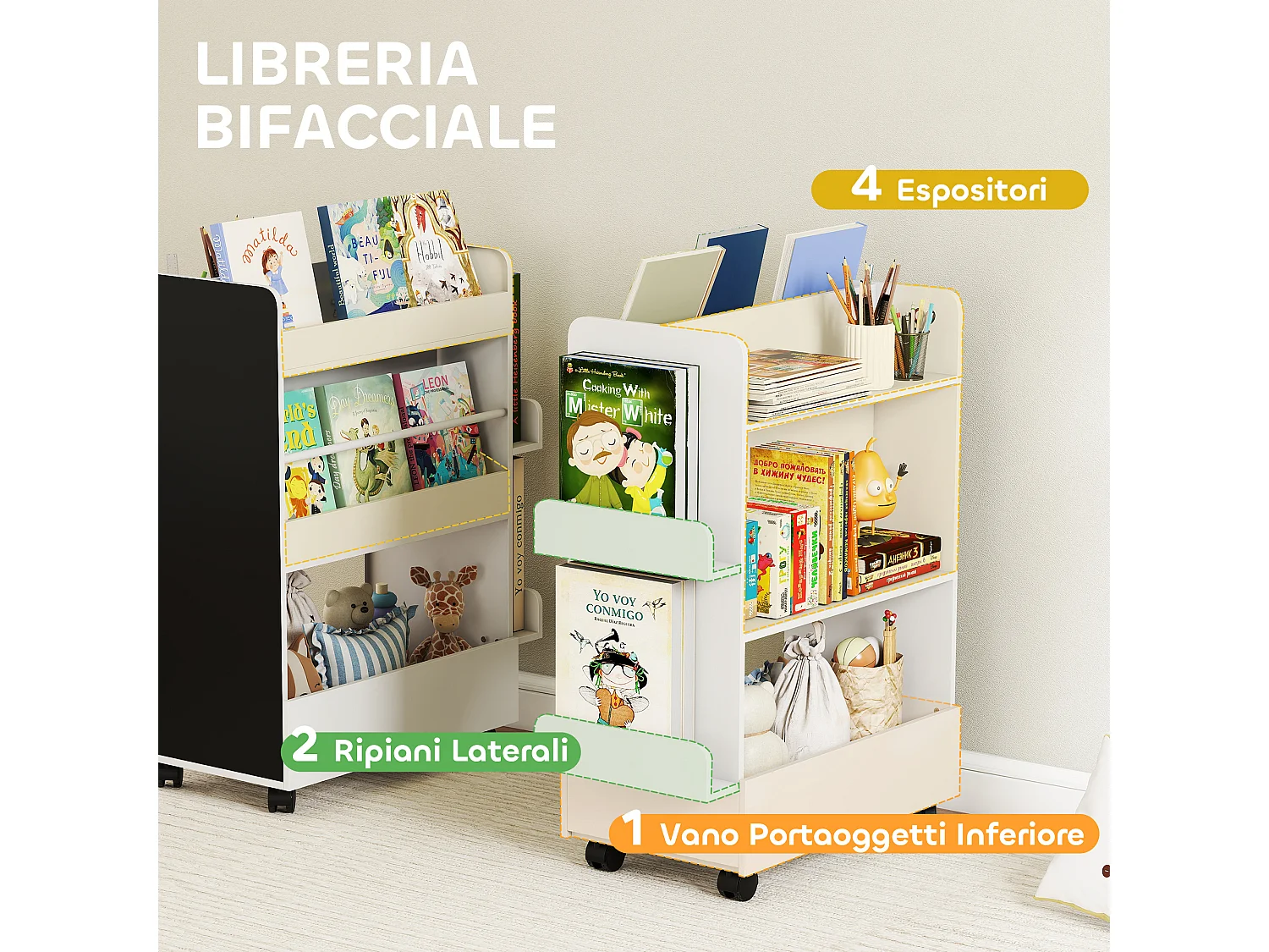 Libreria montessoriana per bambini 2 in 1 con lavagna nera e ruote, in legno fsc porta libri con 4 ripiani
