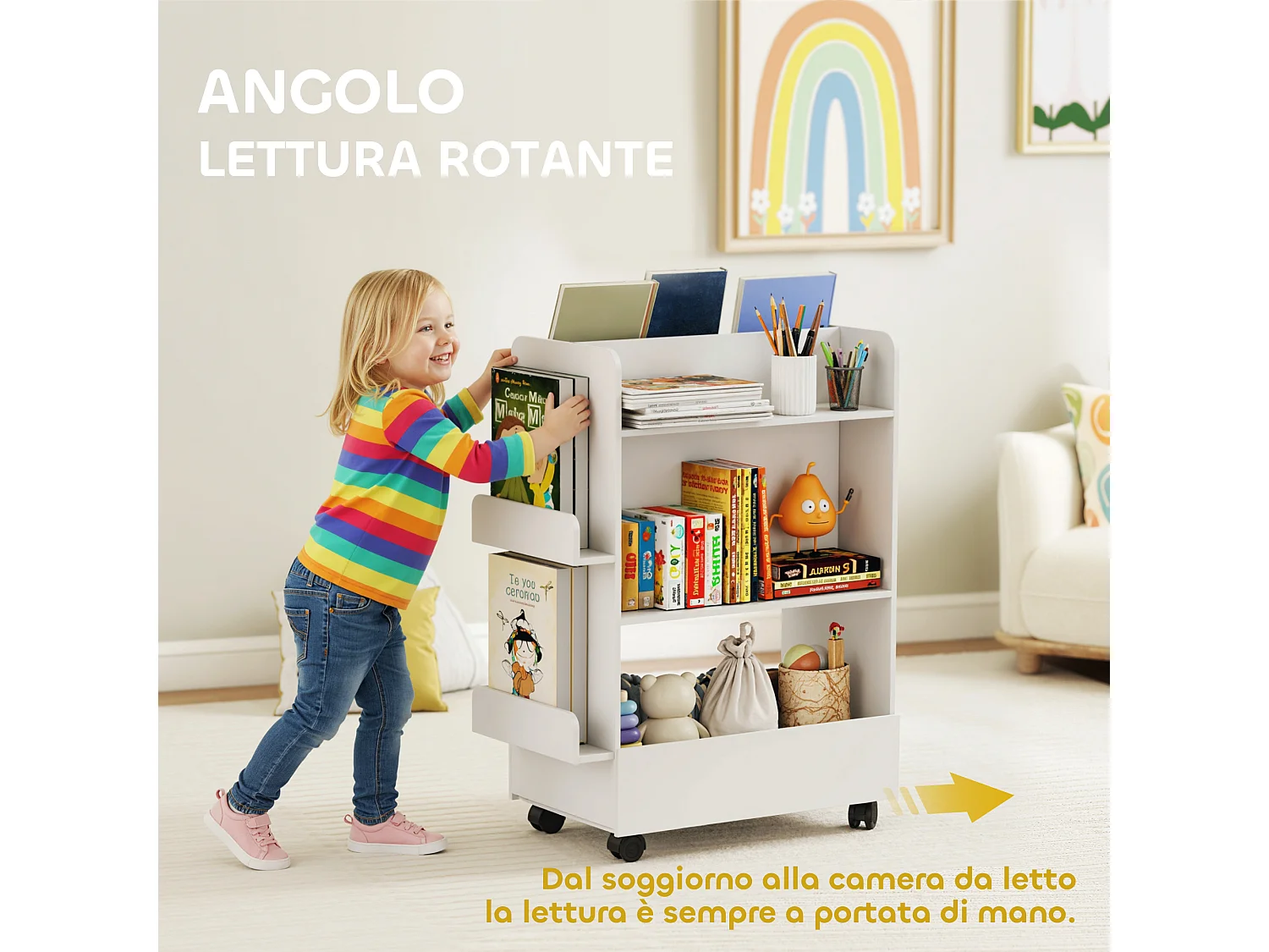 Libreria montessoriana per bambini 2 in 1 con lavagna nera e ruote, in legno fsc porta libri con 4 ripiani