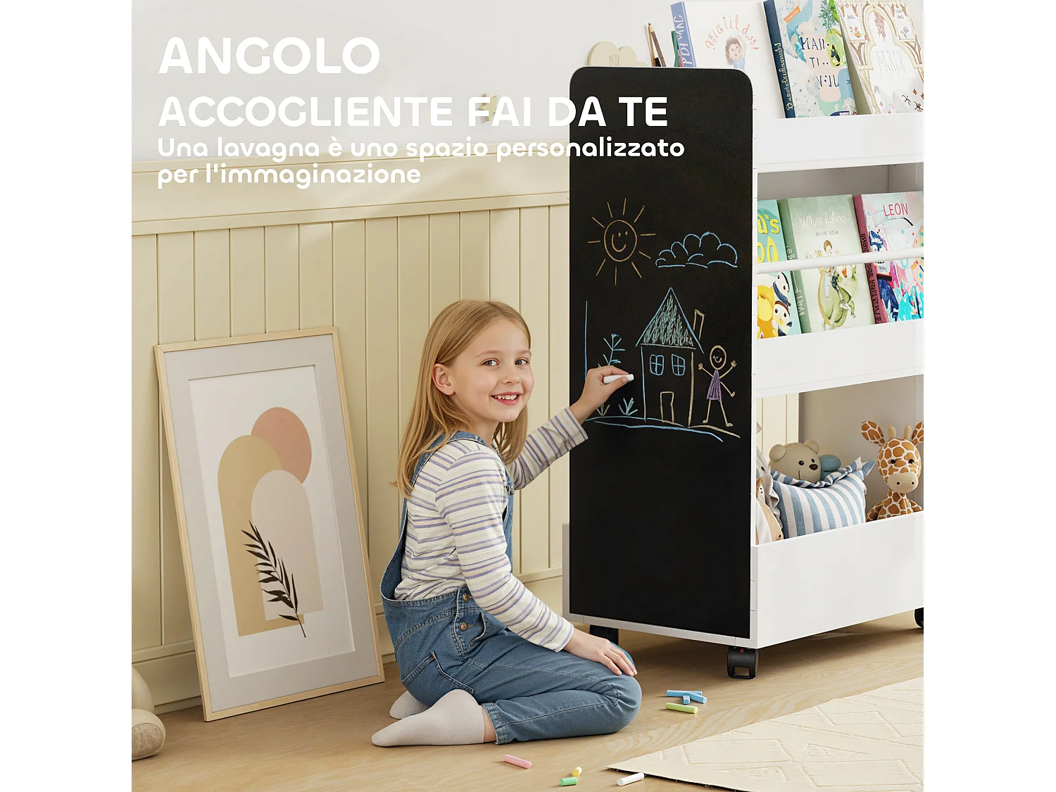 Libreria montessoriana per bambini 2 in 1 con lavagna nera e ruote, in legno fsc porta libri con 4 ripiani